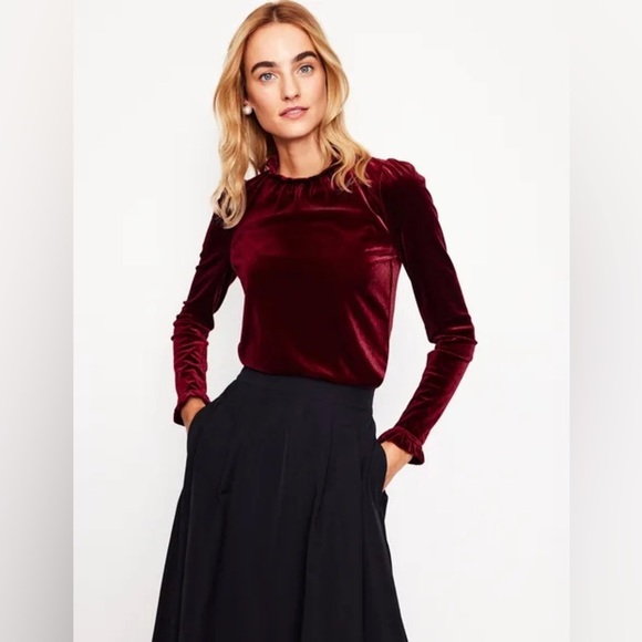 Boden Women’s Velvet Frill Neck Top - Picture 2 of 6